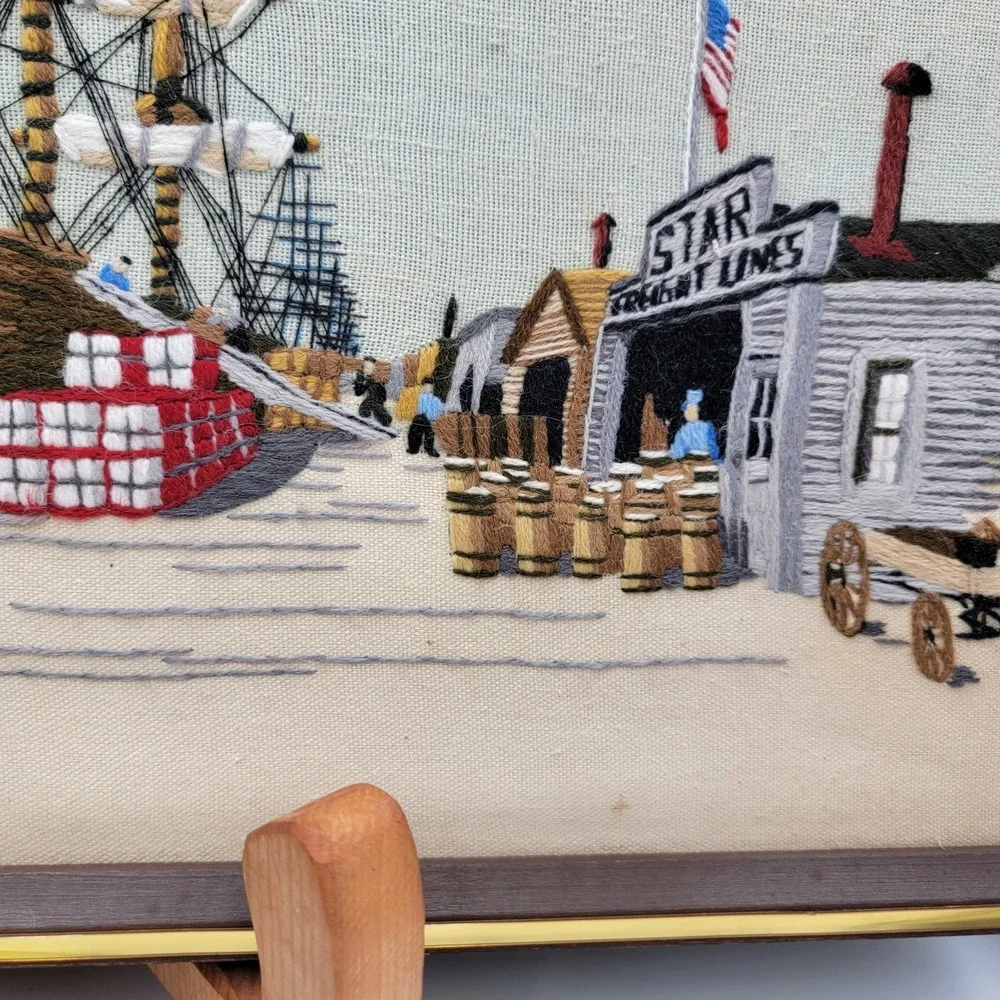 Vtg 70s Crewel Embroidery Harbor Scene Of Clipper Ship Framed Cottagecore Boho